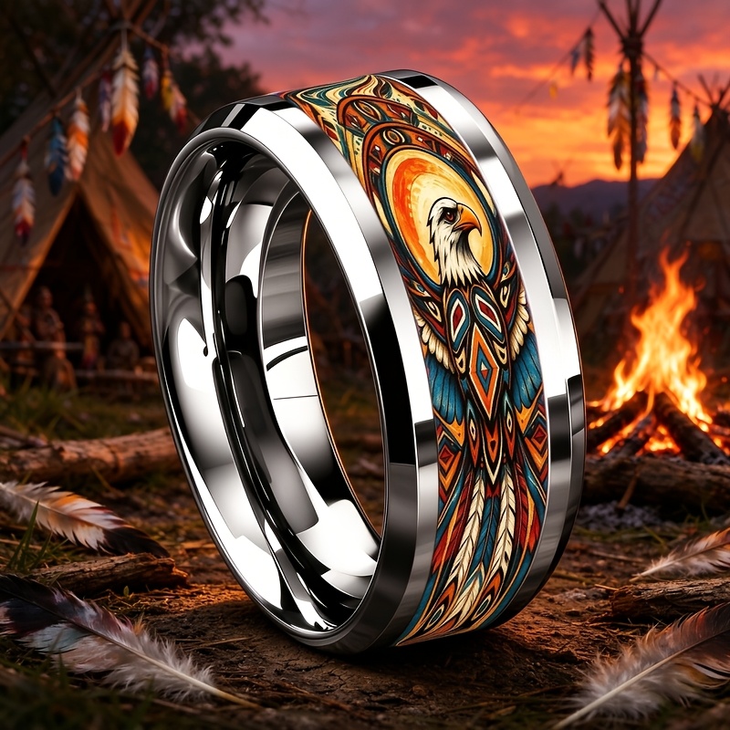 8Mm Stainless Steel Ring with Geometric Eagle Totem Patterns